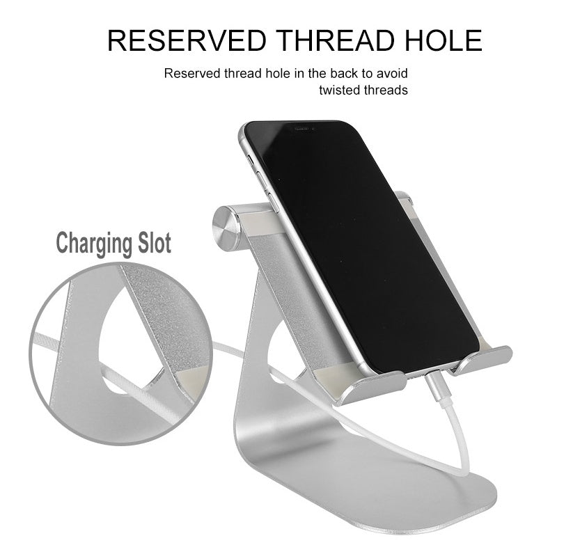 Silver phone stand with charging slot and reserved thread hole feature on a white background